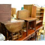 A set of open wall shelves, pair of bedroom chairs, two occasional tables, bureau and a glazed