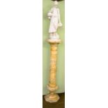 A 19th century white marble figure of a girl carrying water together with a yellow marble column