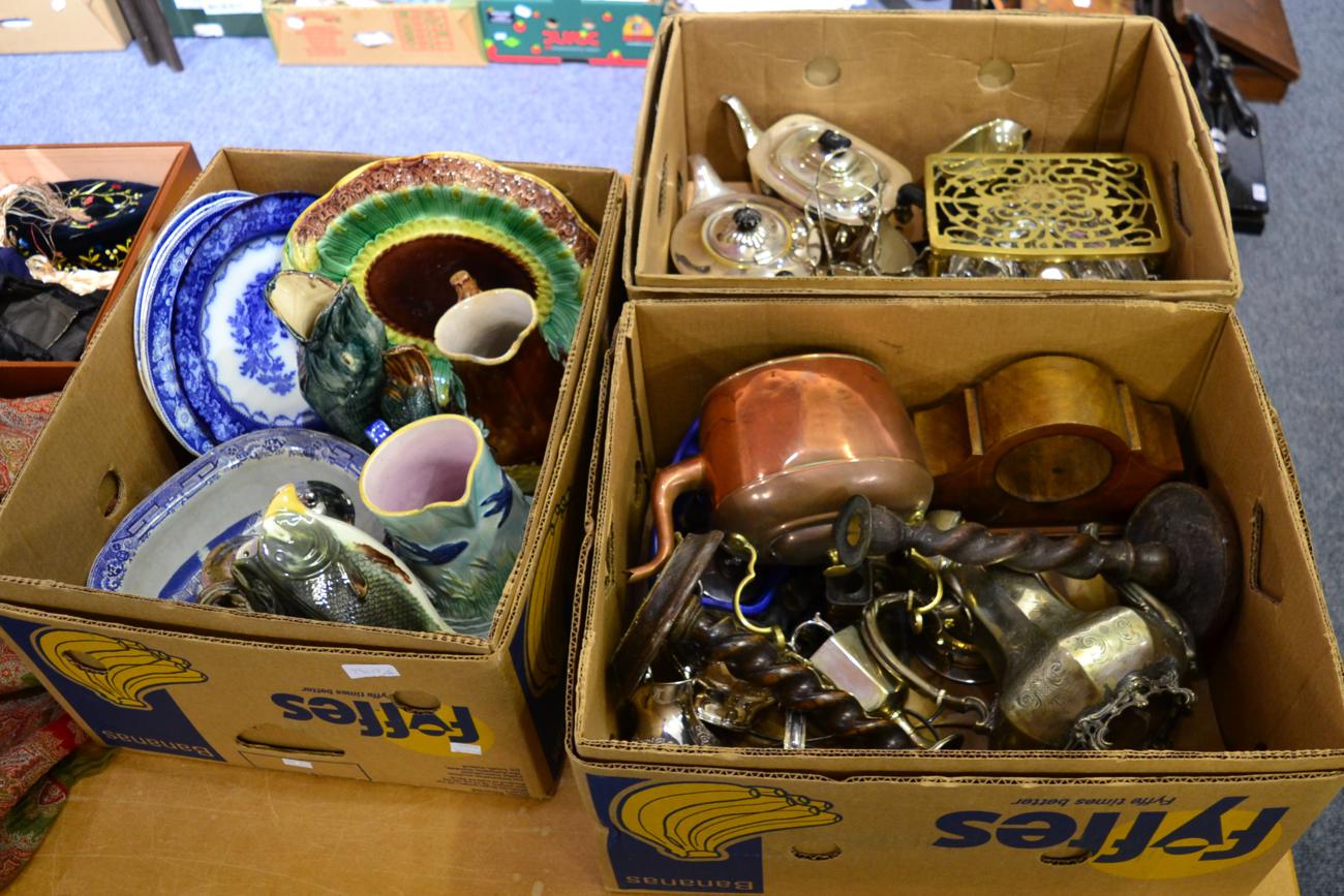 Two boxes of silver plate, copper and a box of majolica