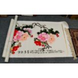 Two Chinese scrolls painted with a landscape and blossoms Both painted on cream self patterned