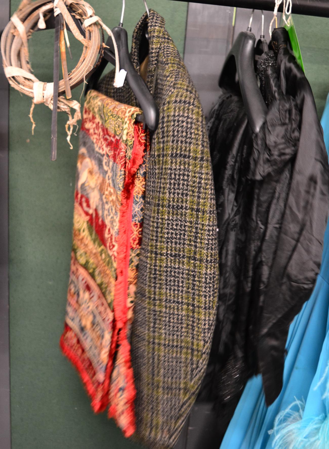 Late Victorian black silk fitted jacket with frogging detail, black figured silk bodice and skirt