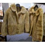 Dark blond mink fur jacket, another similar, various gentleman's trilby hats, scarf, waistcoat etc