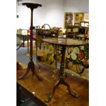 A mahogany torchere, a tripod table and two brass framed fire screens