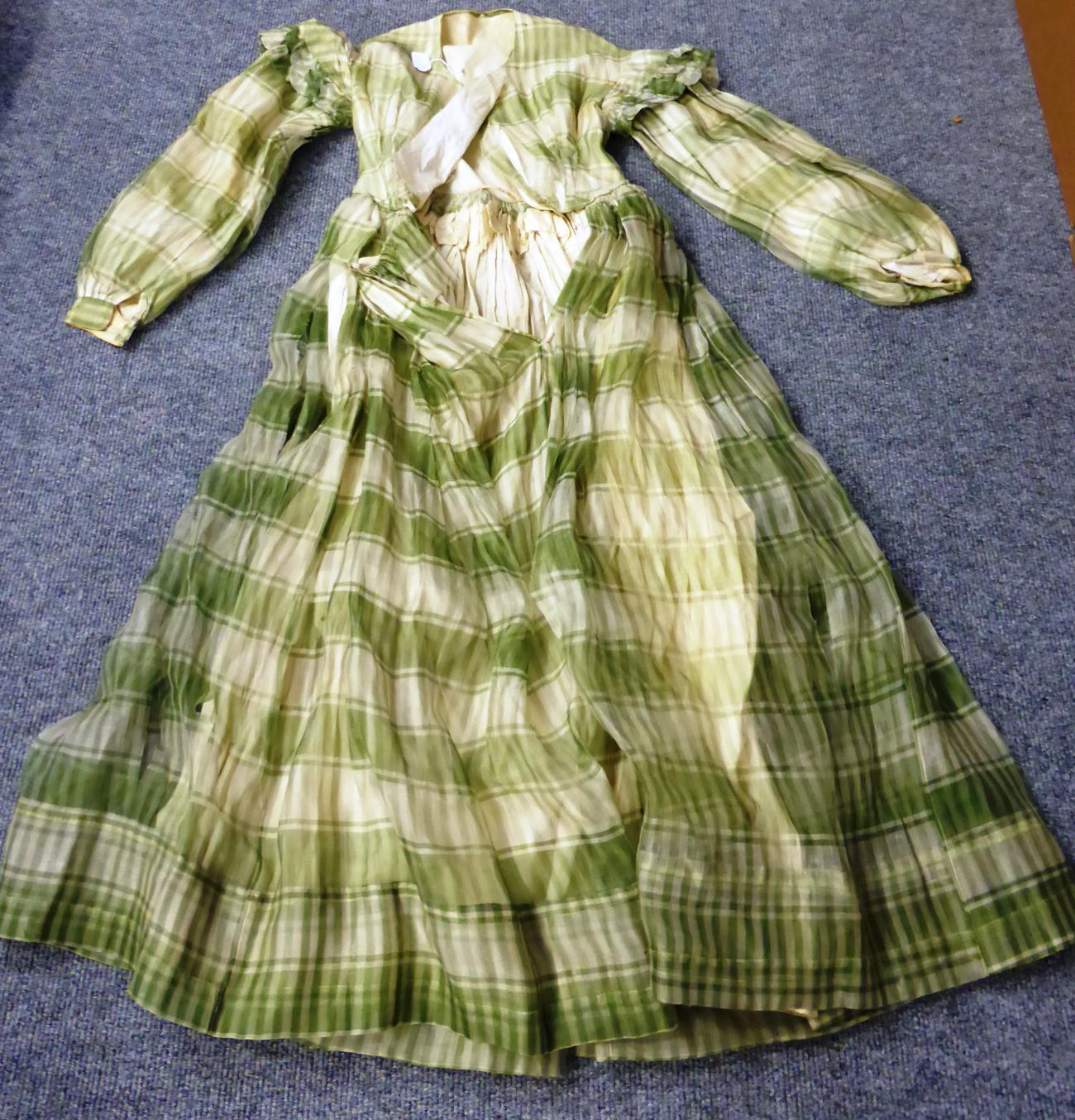 A 19th century green checked long dress with long sleeves (a.f.), printed cotton part bodice, - Image 4 of 13