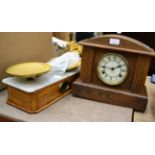 Pair of scales, oak clock and musical cabinet