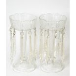 A pair of cut glass table lustres with spear drops, 33cm high