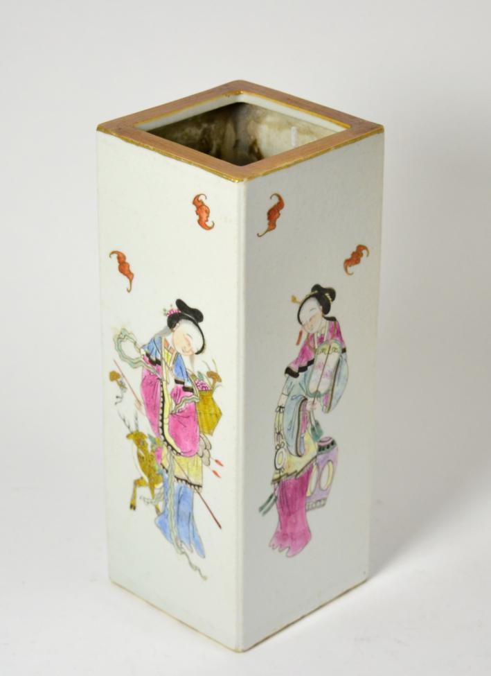 A Chinese porcelain square section vase painted in famille rose enamels with maidens, bears Daoguang