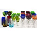 * Two trays of assorted coloured hock glasses, wines and six lemonade glasses