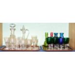 # A group of 19th century glass including iridescent vases, decanters, coloured wines etc