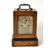 ^ A rosewood inlaid striking mantel clock, 19th century, floral inlaid case, carrying handle,