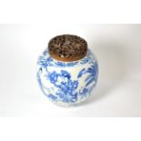 A Chinese porcelain blue and white ginger jar, bears Chenghua reign marks, height 18.5cm, hardwood
