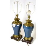 A pair of blue cloisonne lamps with brass mounts, 40cm high