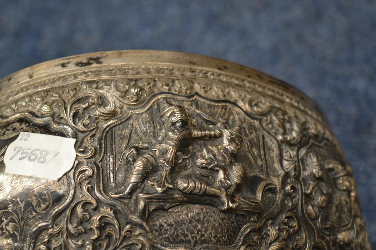 A large Burmese silver presentation bowl, Pnang cricket Club, c1891 - Image 7 of 8