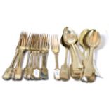 A collection of silver flatware comprising twelve fiddle pattern table forks, ten assorted fiddle