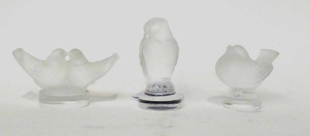 * A Lalique glass model of billing doves, 7.5cm; and two other Lalique glass figures of birds (3)