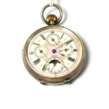 A triple calendar moonphase pocket watch, circa 1900, lever movement, enamel dial with Roman