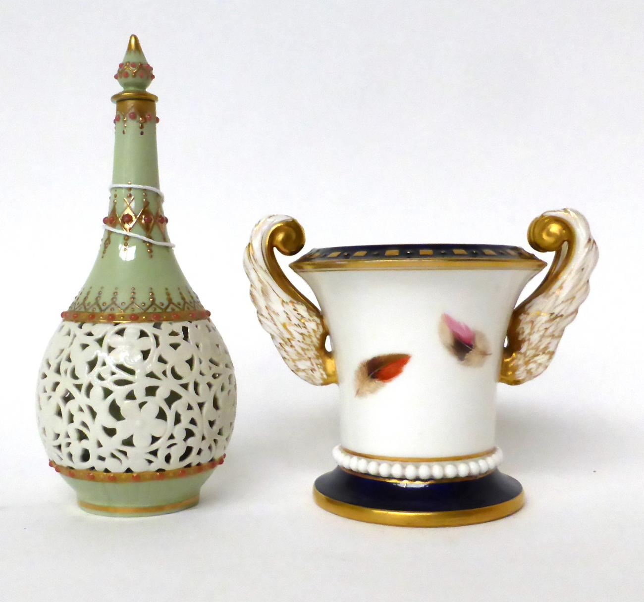 * A Royal Worcester twin-handled vase decorated with feathers, 10.5cm high; and a Graingers