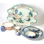 An 18th century Chinese famille rose decorated dish, 44cm diameter, an 18th century Chinese blue and