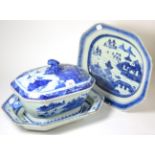 Two 19th century blue and white Chinese export meat plates, and a Chinese export tureen and cover