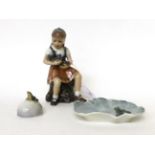 * A Copenhagen figure of a girl with a teddy bear, 15cm; and two Royal Copenhagen ornaments