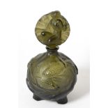 A Czecholovakian Schlevogt smoky glass perfume bottle and stopper, moulded in relief with swirling