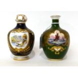 * A Royal Crown Derby green ground bottle vase, painted by W E Dean with a shipping scene, 10.5cm;