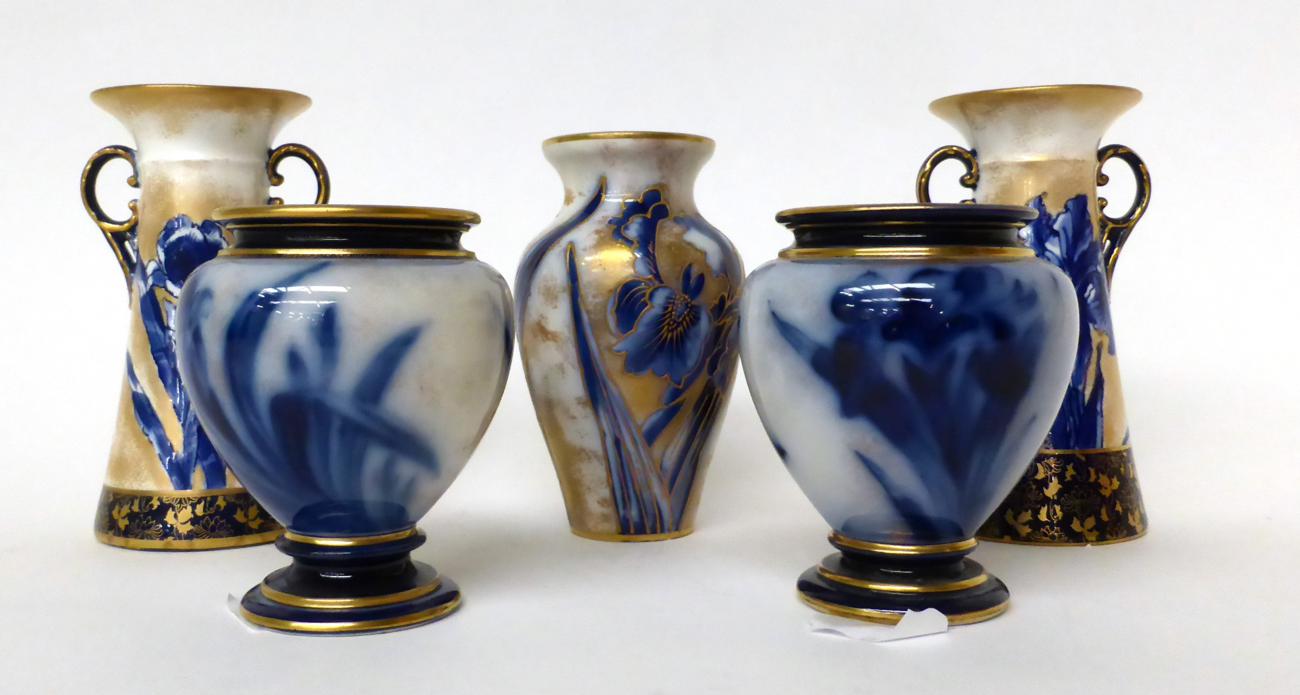 * A pair of Royal Doulton Flow Blue twin-handled vases, 13.5cm; a similar pair of ovoid vases, 9.