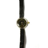 A first world war period silver wristwatch, 1916, lever movement, black enamel dial with Arabic