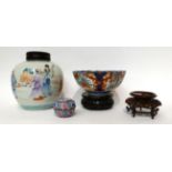 * A Chinese famille rose jar decorated with figures, 17.5cm high, hardwood cover; a Canton enamel