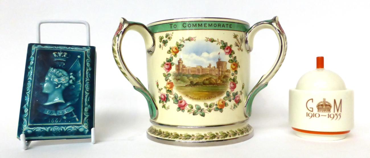 * A Copeland King George V Silver Jubilee Tyg, 14cm; a similar Royal Doulton jar and cover, 10cm;