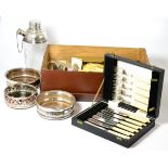 ^ Two silver plated coasters, another, a plated cocktail shaker, horn handled carving set and