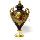 * A Coalport blue ground twin-handled urn shaped vase and cover, painted with fruit by Chivers, 25cm