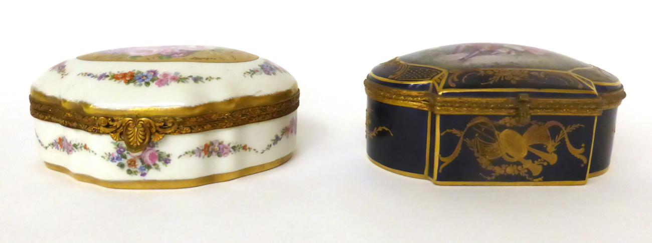 * A gilt metal mounted Sevres blue ground casket decorated with 18th century lovers, 16.5cm; and a