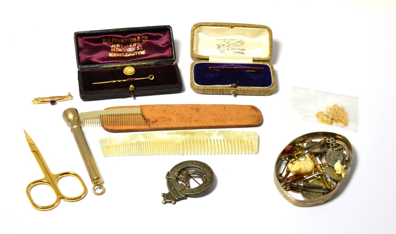 A 9ct gold pencil, maker's mark SM&Co for Sampson Morden, 9ct gold cased stick pin, etc