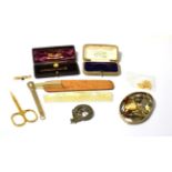 A 9ct gold pencil, maker's mark SM&Co for Sampson Morden, 9ct gold cased stick pin, etc