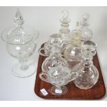 ^ A pair of 19th century cut glass mallet decanters and stoppers, 27cm; a similar pair of