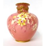 * A Royal Crown Derby pink ground vase decorated with flowers, 19cm high