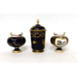 * A pair of Royal Crown Derby blue ground small ovoid vases, painted by W E Dean with landscapes,