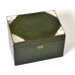 A silver mounted and green leather stationary box