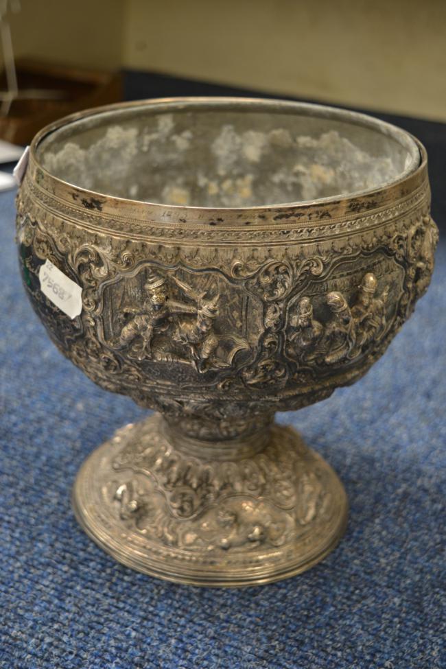 A large Burmese silver presentation bowl, Pnang cricket Club, c1891 - Image 2 of 8