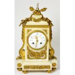 A marble and ormolu mounted striking mantel clock, circa 1890, floral and scroll mounts, enamel dial