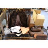 + Three leather Gladstone bags, leather trunk with a quantity of clothing, a small leather suitcase,