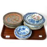 Seven various 18th century Chinese blue and white dinner plates; a similar saucer dish, saucer and