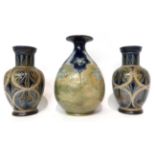 * A pair of Doulton Lambeth stoneware vases by Florence E Barlow, dated 1878, incised with