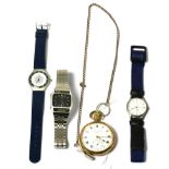 A gold plated pocket watch, Seiko quartz wristwatch and two other gents quartz wristwatches (4)25.