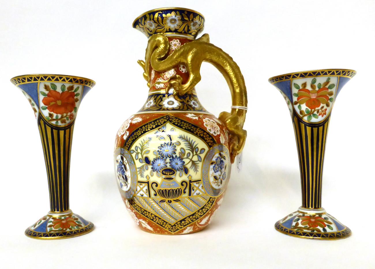 * A Copeland dragon ewer decorated in the Imari palette, 26cm high; and a pair of Aynsley trumpet