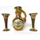 * A Copeland dragon ewer decorated in the Imari palette, 26cm high; and a pair of Aynsley trumpet