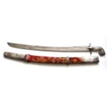 A 19th Century Omani Sword, the 78.5cm single edge broad slightly curved steel blade with two narrow