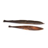 An Australian Aborigine Woomera (Spear Thrower), of plain curved hardwood, one end with fine gut