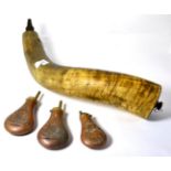 A Large 19th Century Cow Horn Powder Flask, with turned wood filler nozzle and cover with screw cap,